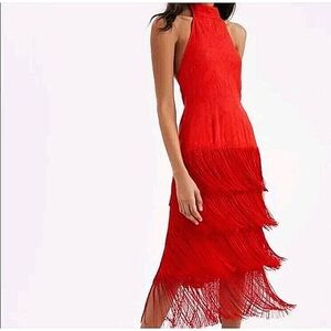 New Anthropologie Red Fringe Halter Maxi Dress Sz 12 NWT$298 Flapper Valentines